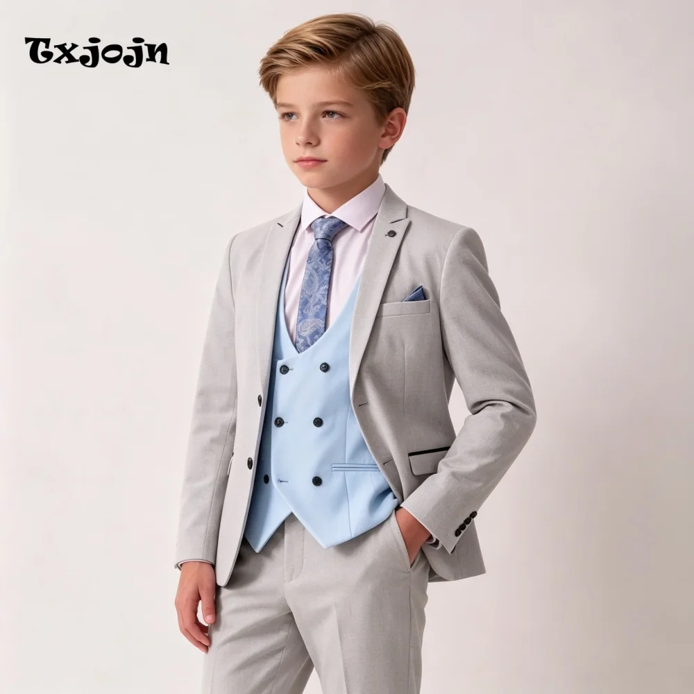 Tailored Formal Boys Suit 3-piece Set Wedding Tuxedos Pointed Collar Jacket Classic 2-16 Year Blazer Pants Blue Vest for Party