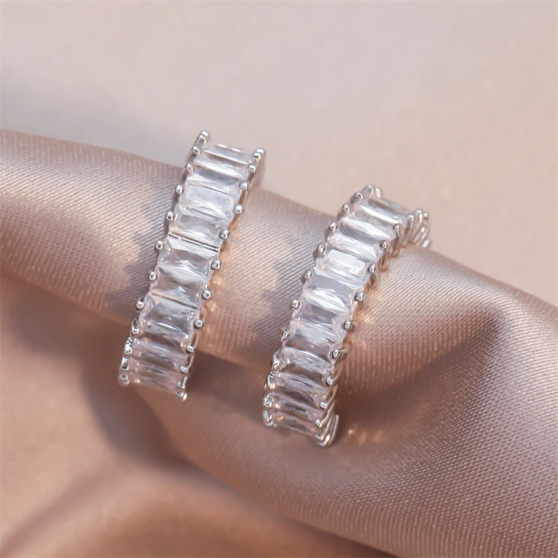 UILZ Female Luxury Crystal Square Bride Hoop Earring Silver Color Wedding Jewelry White Zircon Stone Earrings for Women