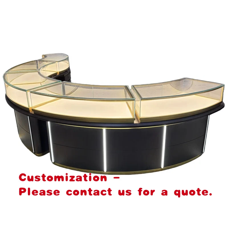

custom.Modern Curved Black Gold Jewelry Display showcase with LED Lighting Jewelry Display Cabinet Luxury Store Counter