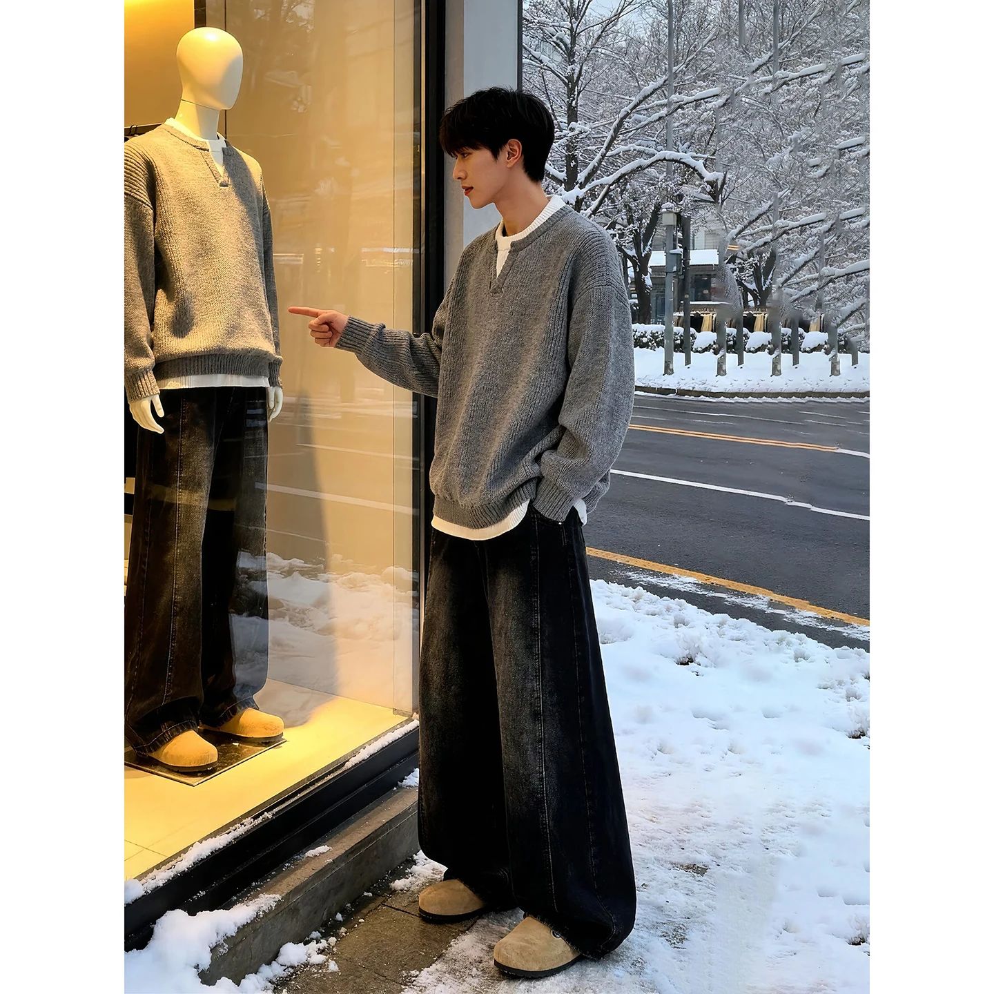 

Мужской трикотажный топ с V-образным вырезом, базовый слой, свободный крой, американский стиль, для зимнего сезона, повседневный, комфортный, вязаный.