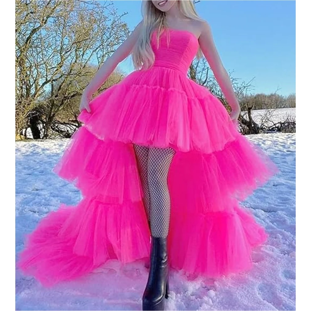 

Womens High Low Tulle Prom Dress Tiered Puffy Homecoming Dresses for Teens Strapless Ball Gown Formal Party Dresses with Train