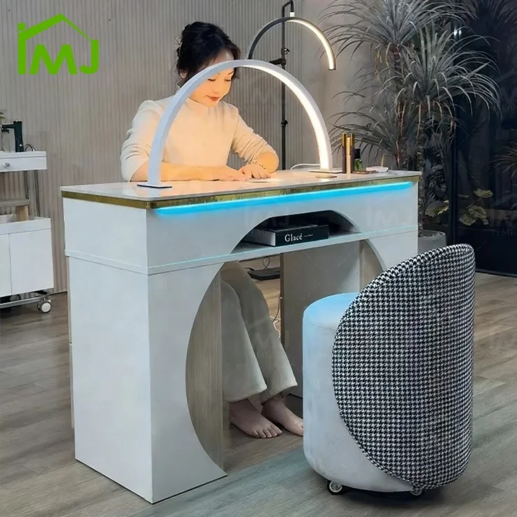 Modern Manicure Desk, Wood and Metal Nail Table with Dust Collector, 110 x 80 x 42 cm, Professional Salon Furniture