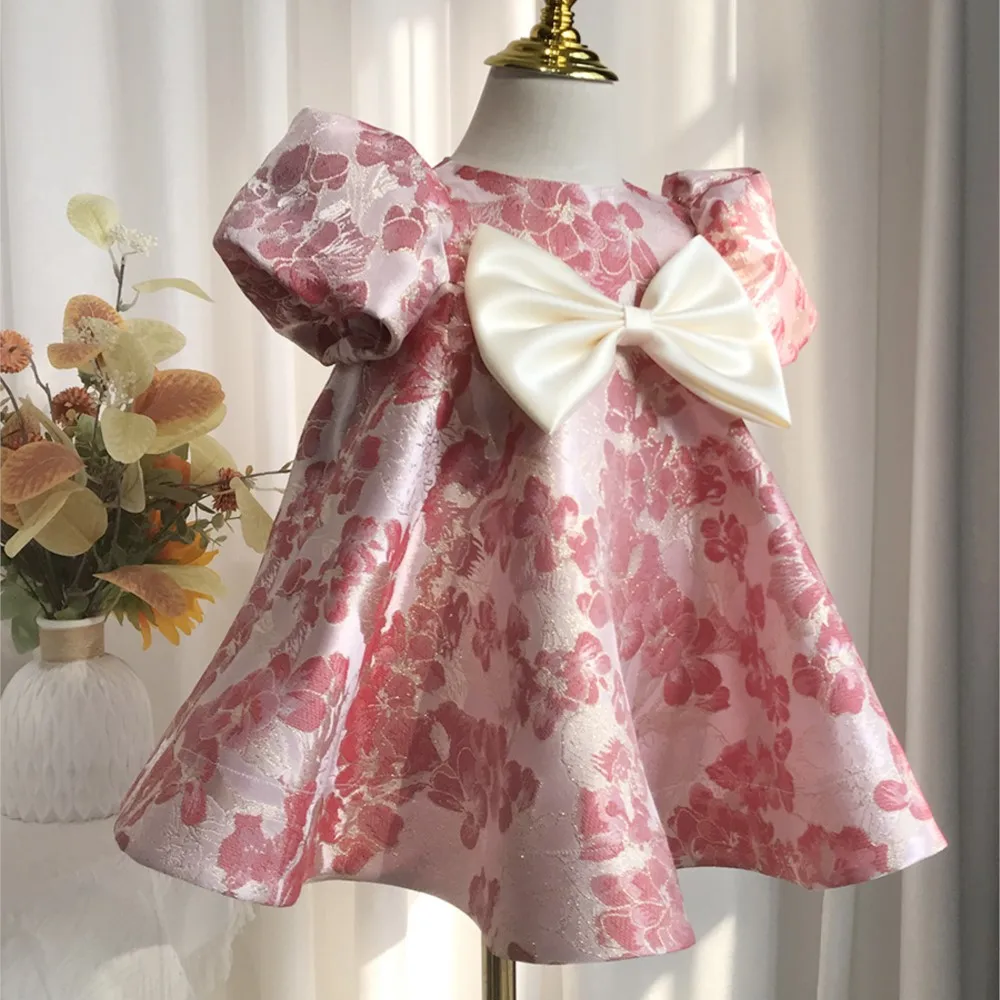 Baby's Dress Birthday Bubble Sleeve Fashion Printed Satin Princess Dress Fluffy vestido festa