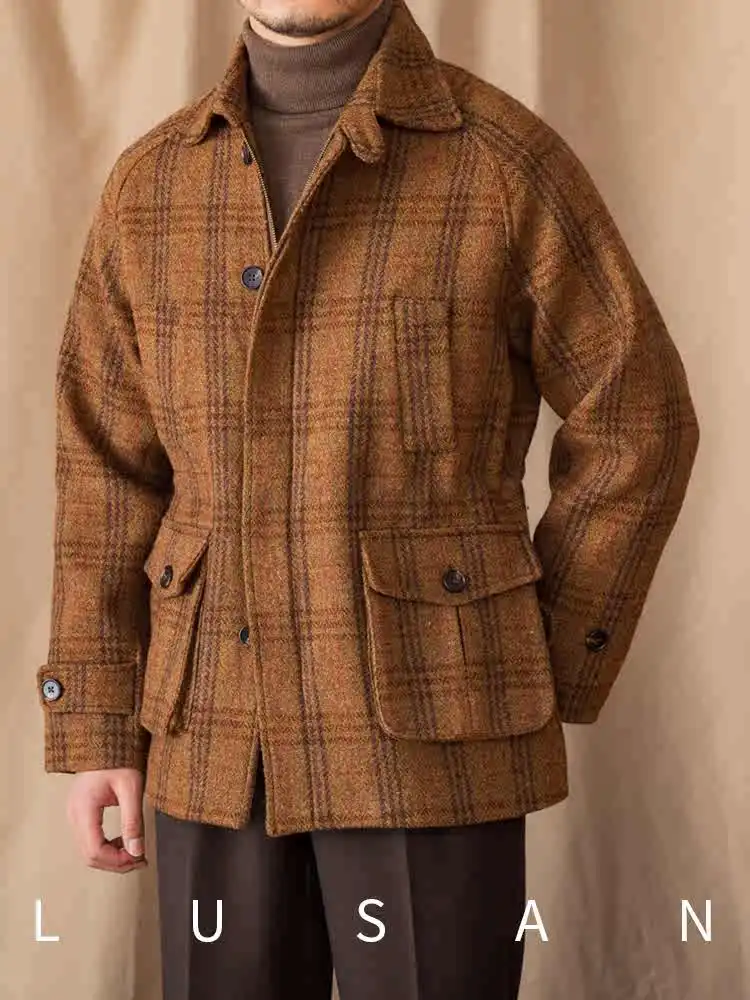 Autumn and winter 100% wool tweed coat hunting tweed jacket raglan sleeve thick men's coat fashion