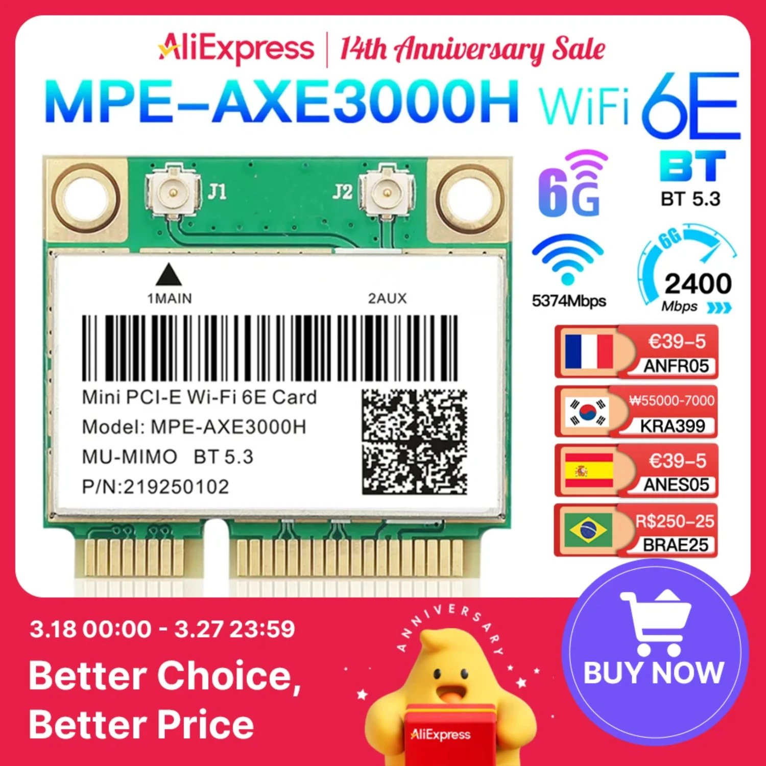 

WiFi 6E 5374Mbps AX210 Wireless Mini PCI-E WiFi Card For Bluetooth 5.3 802.11AX 2.4G/5G/6Ghz Wlan Network Card Adapter For Win10