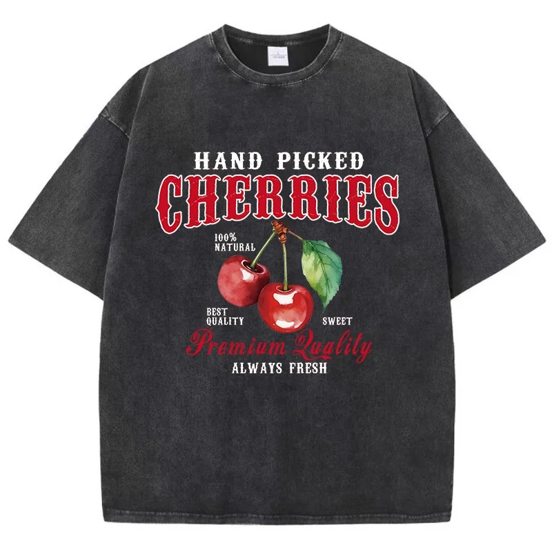 

Cherries Cotton Washed T-Shirts Woman Red Fresh Fruit Tees Letter Prints Tops Crewneck Oversized T Shirt Street Female Clothes