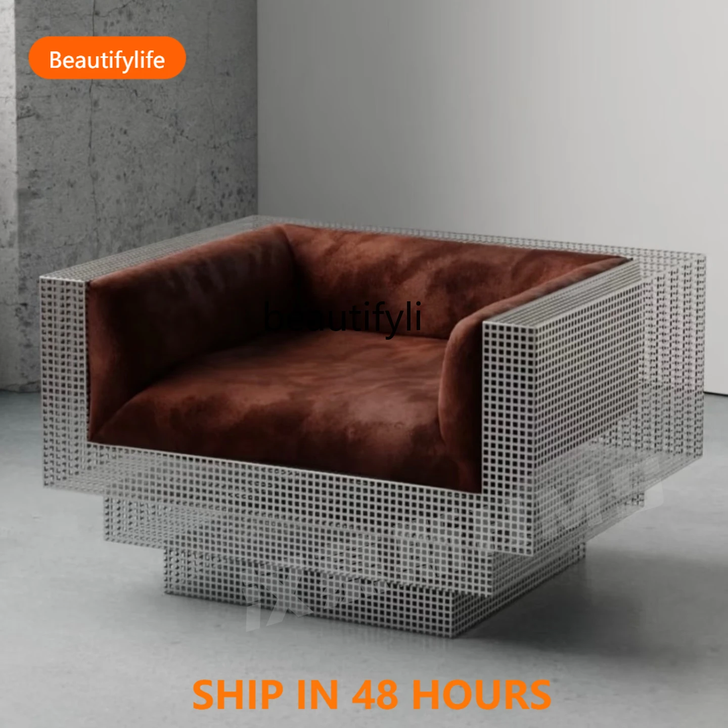 

07 Nordic Mid-Century Bauhaus Stainless Steel Grid Retro Niche Metal Small Apartment Single/Three-Seater Sofa