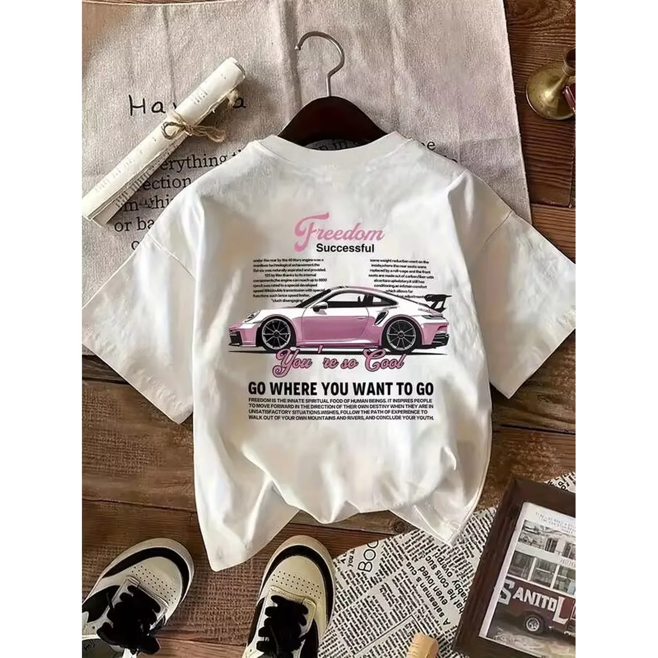 Teen Girl Black Graphic Tee, Pink Car Print T-Shirt, Inspirational Quote 
