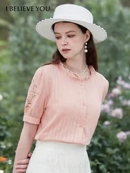 I BELIEVE YOU Shirt & Blouse Women 2025 Stand Collar Embroidery Short Sleeve Summer New Fresh Temperament Shirts Lady 2241055511