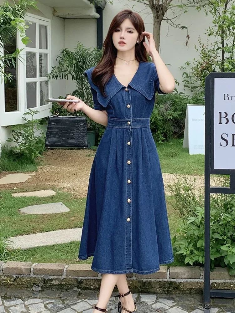 Temperament Summer Women\'s Denim Dress Elegant Turn-down Collar Short Sleeve Single Breasted Oversized Midi Dress CY400