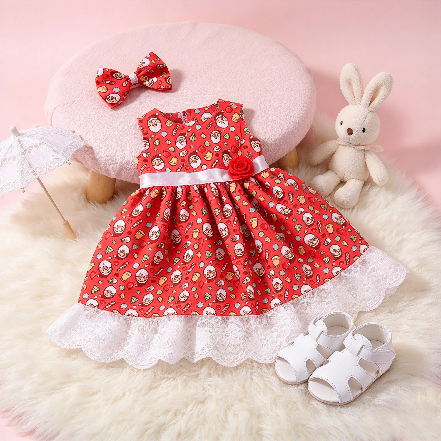 Christmas Reborn Girl Doll Clothing for 55cm Doll Santa Pattern Dress + Shoes + Bow Hair Clip Doll Outfit For 22" Baby Girl Doll