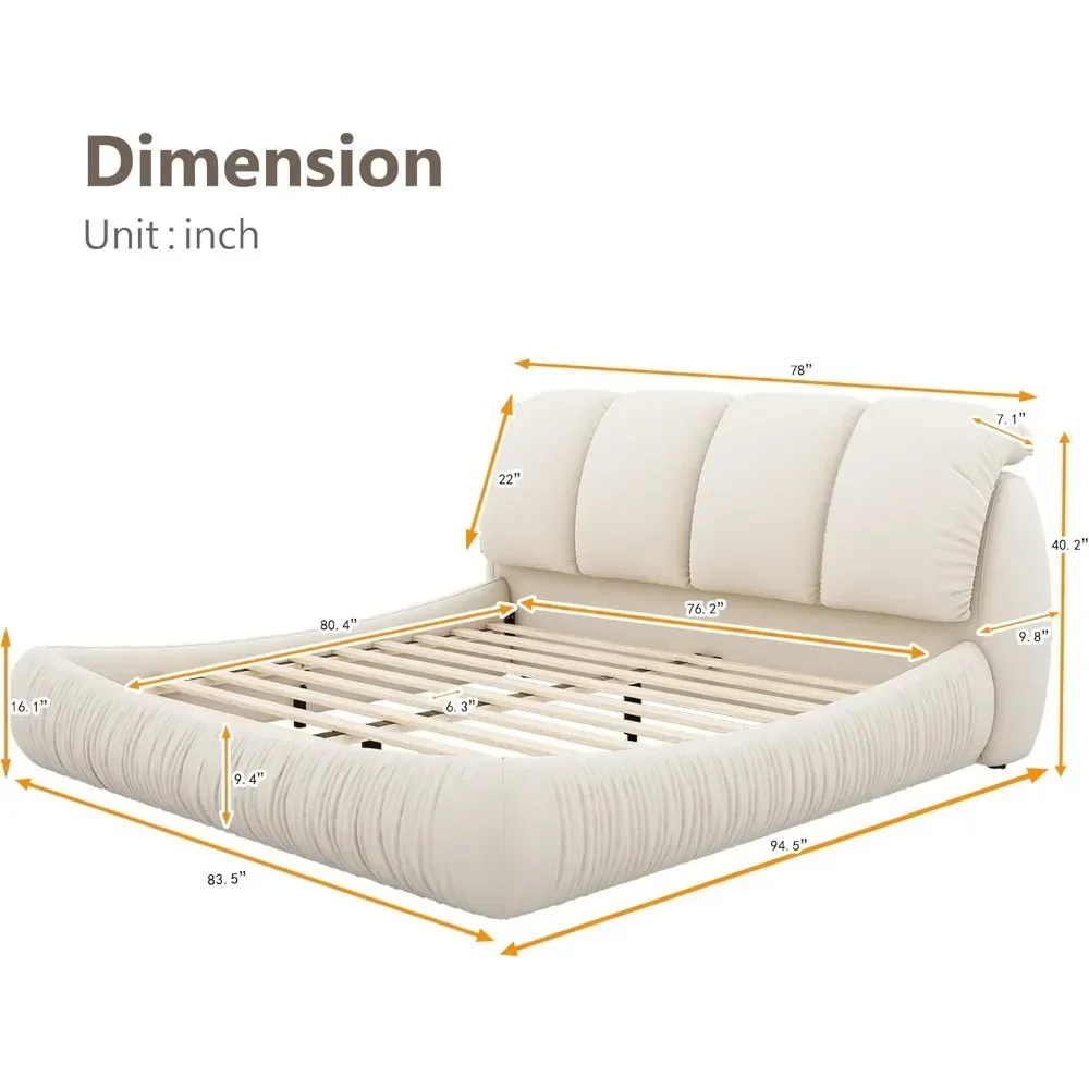 Beige Faux Leather Upholstered Solid Wood Frame Cloud Bed,King Size Platform Bed,Squeak-Free with Overstuffed Padded Headboard - view 2