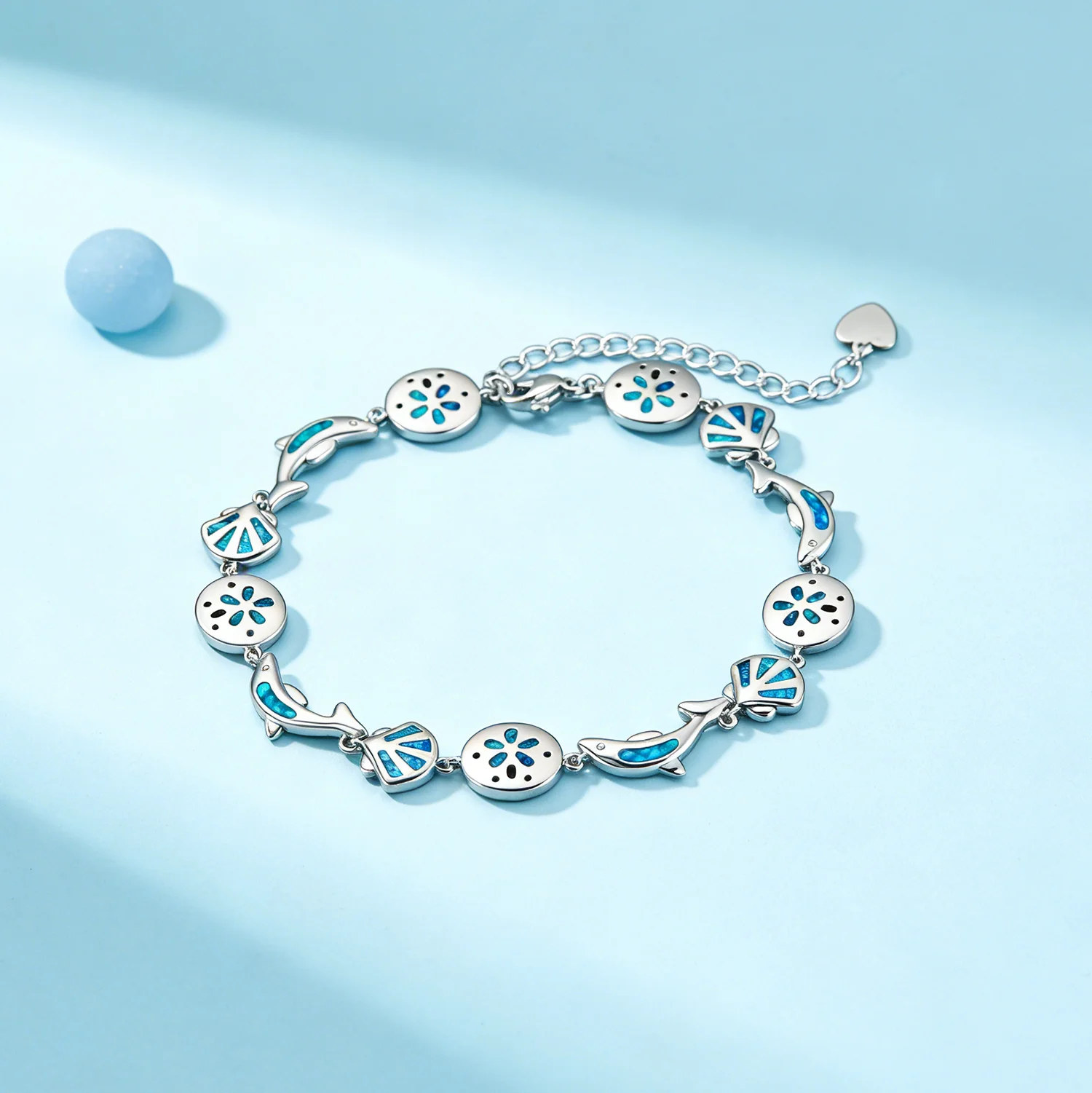 Dolphin Bracelet with Blue Opal,Ocean Inspired Adjustable Chain,Floral Charm Bracelet,Jewelry Gift for Women,Boho Beach Style