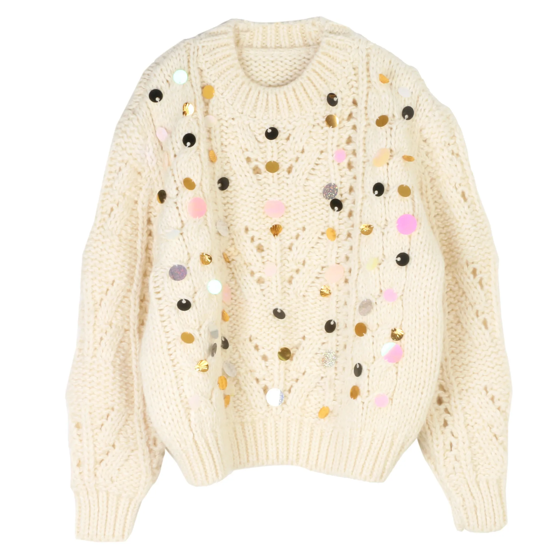 

Массивный вязаный полый узор с блестками, белый вязаный свитер в стиле ретро, осенне-зимний пуловер с длинными рукавами и круглым вырезом, топы