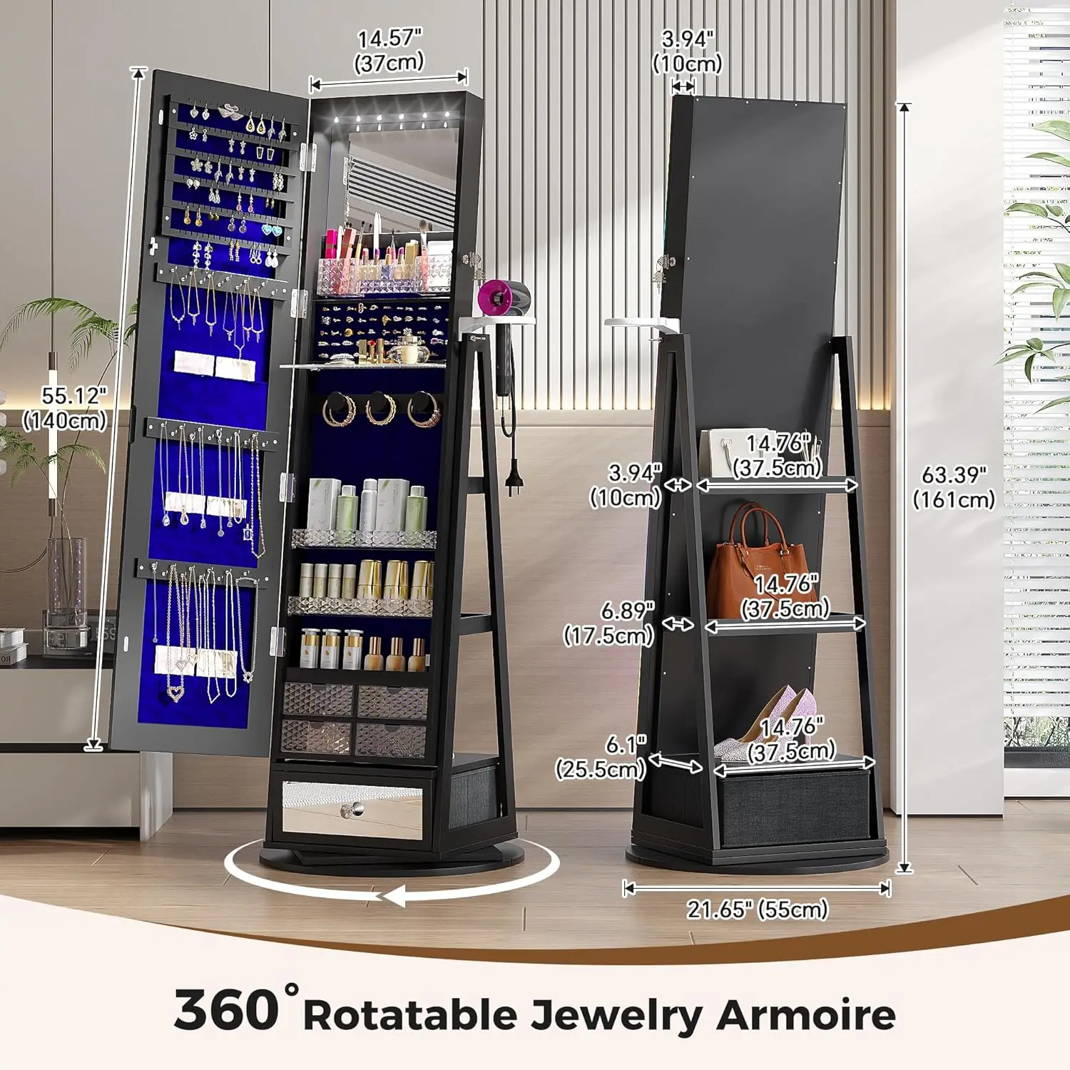 Jewelry Storage Cabinet with LED Full-Length Mirror, 360° Swivel Standing Jewelry Organizers with Shelves & Drawer, Customized