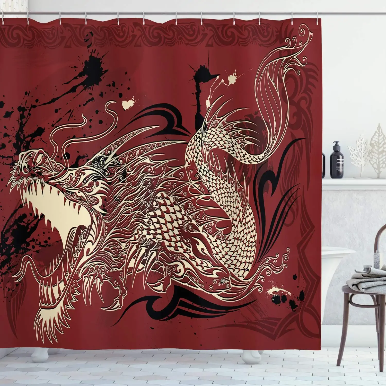 Dragon Shower Curtain Angry Fantasy World Creature on Grunge Back Japanese Eastern Ethereal Pattern Washable Bathroom Set,Hooks