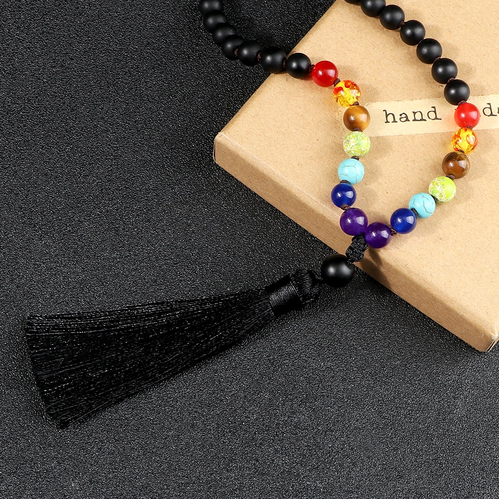 108 Mala Beaded Tassel Necklace 8mm Lava Polish Matte Meditation Necklace 7 Chakra Energy Balance Spirit Jewelry Gift for Friend