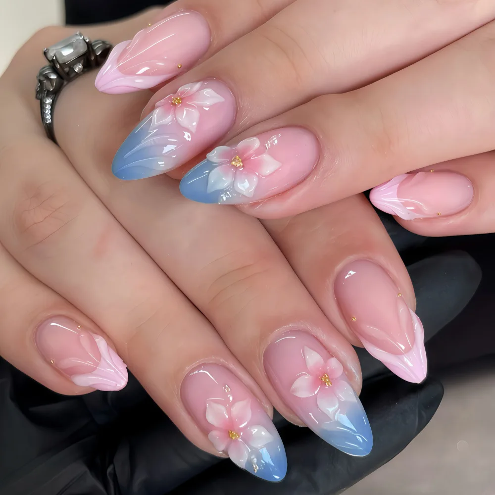 24pcs Almond False Nails Tips Summer Beach Colorful Nails Sets with Pearl Flower Design Press on Nails Art Wearable Fake Nail 3D
