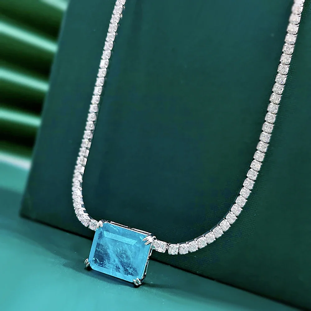 100% 925 Real Silver 10*12mm Emerald Paraiba Lab Diamond Necklace for Women Tennis  Pendant Jewelry Gifts