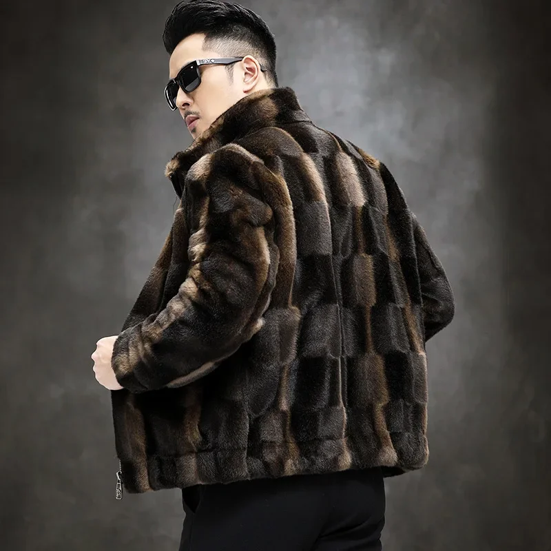 2023 Autumn Winter Men Fashion Real Mink Fur Coats Men's Stand Collar Warm Fur Jackets Male Genuine Fur Plaid Outerwear P465