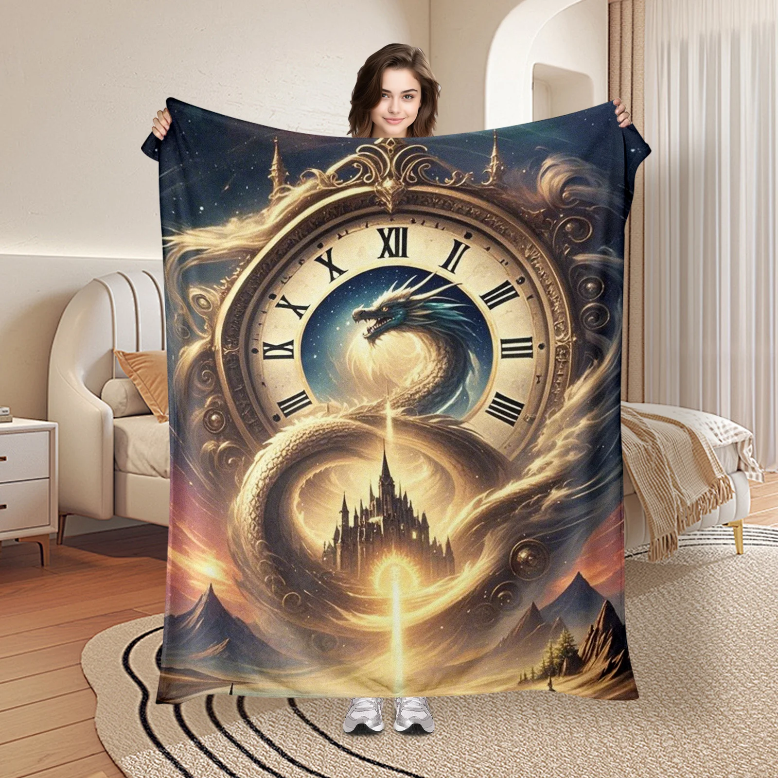 Mystical Castle Dragon And Pocket Watch Themed Blanket For Whimsical And Fantasy Inspired Home Decor