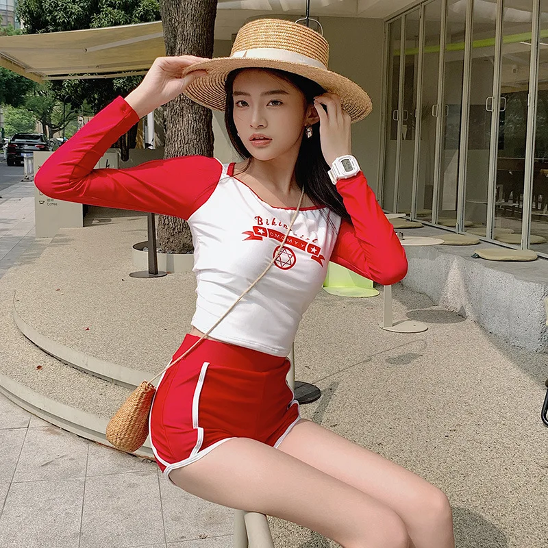 2023 New Korean Split High Neck Swimsuit Long-sleeved Bathing Suit Women Sunscreen Sports Surfing Students Holiday Swimwear