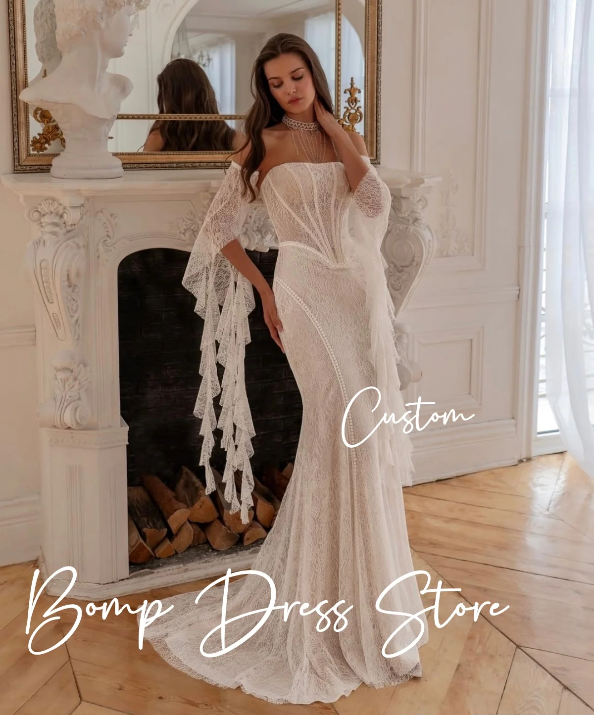 ชุดแต่งงานวินเทจทรงเมอร์เมด BOMP แบบสั่งตัด แขนถอดได้ ผ้าลูกไม้ พร้อมชายกระโปรงยาวแบบ Sweep Train และโครงรัดตัว