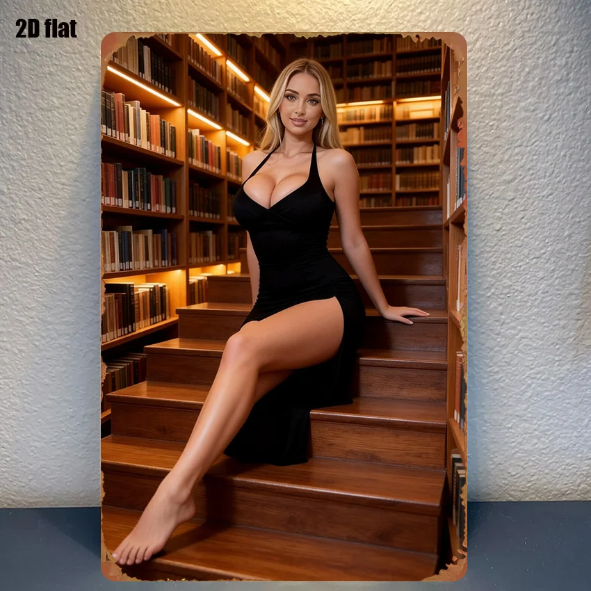 Vintage Aluminium Library Blonde Lady Tin Sign, Black Split Dress Bookshelf Background Wall Decor for Bedroom & Bar Home