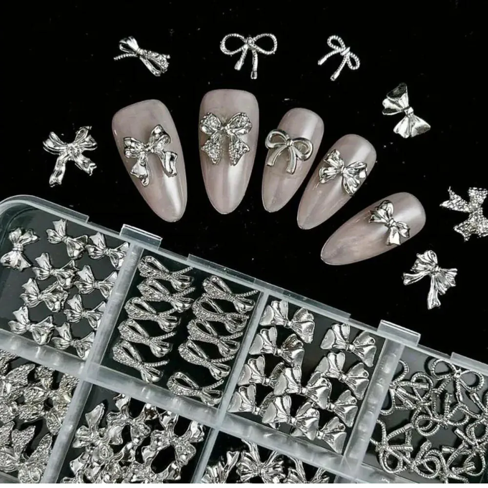 12Grids 3D Luxury Alloy BowsTies Nail Art Charms Minimalist Silver Ribbon Line Bows Wings Mixed Nail Decorations DIY Silver Nail