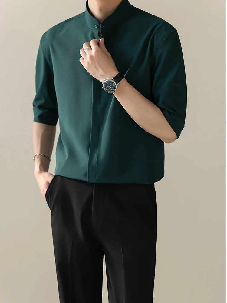 Summer New Chinese Style Men's Slim Fit Short Sleeve Shirt Casual Business High Collar Ice Silk No Ironing Required Male Apparel
