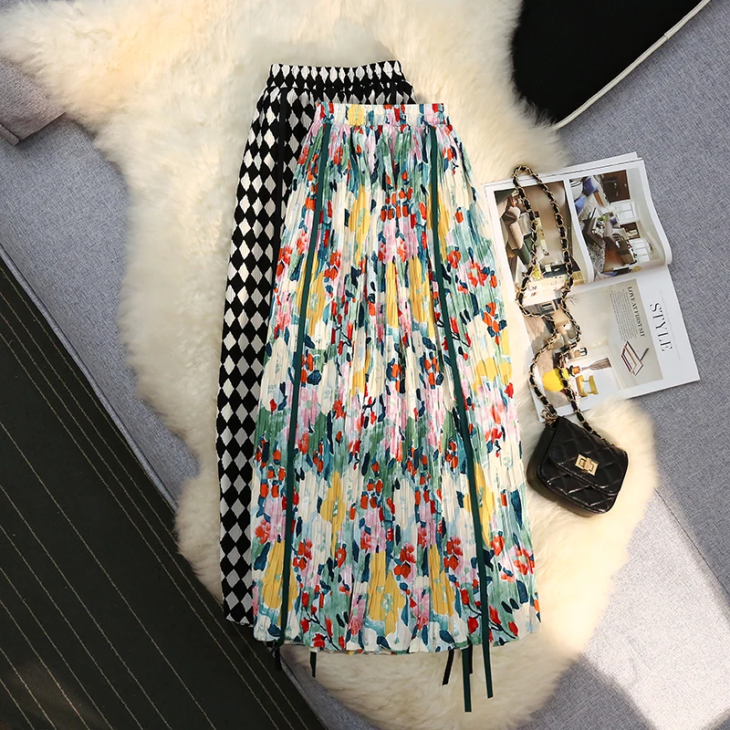 

2024 Women Spring Summer Fashion High Waist A-line Skirt Female Floral Print Loose Skirts Ladies Midi Long Casual Skirts B57