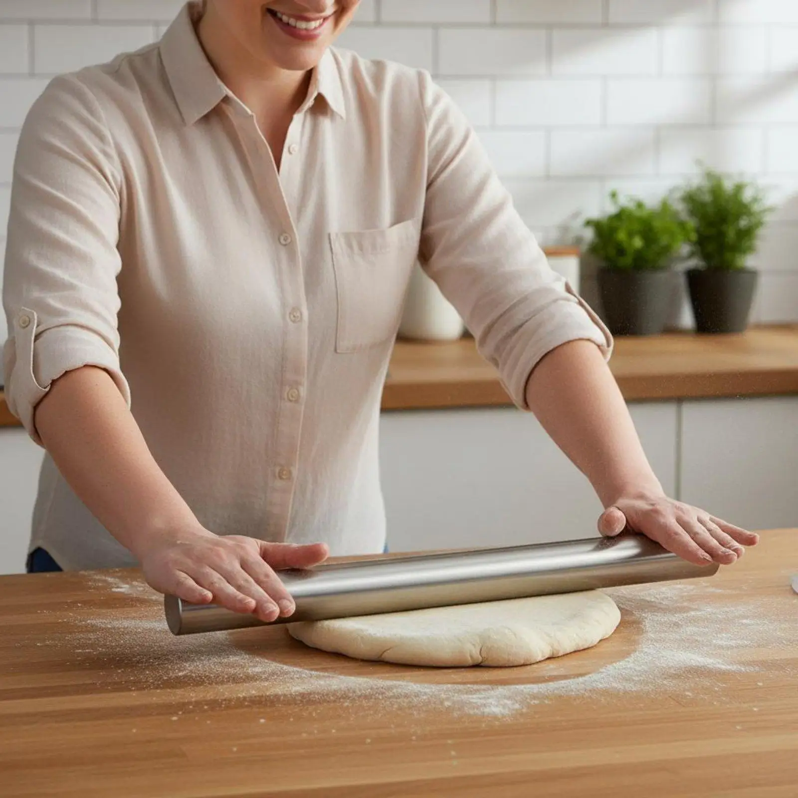Stainless Steel Kitchen Rolling Pin Nonstick Dough Roller Adjustable Tool for Homemade Pastry