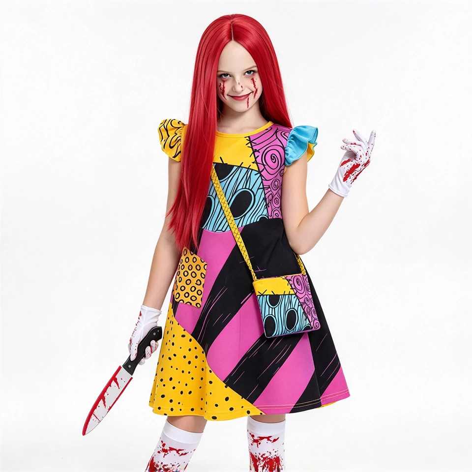 Nightmare Christmas Patchwork Scary Fancy Girl Dress Halloween Cosplay Horror Party Masquerade Performance Children’s Costume
