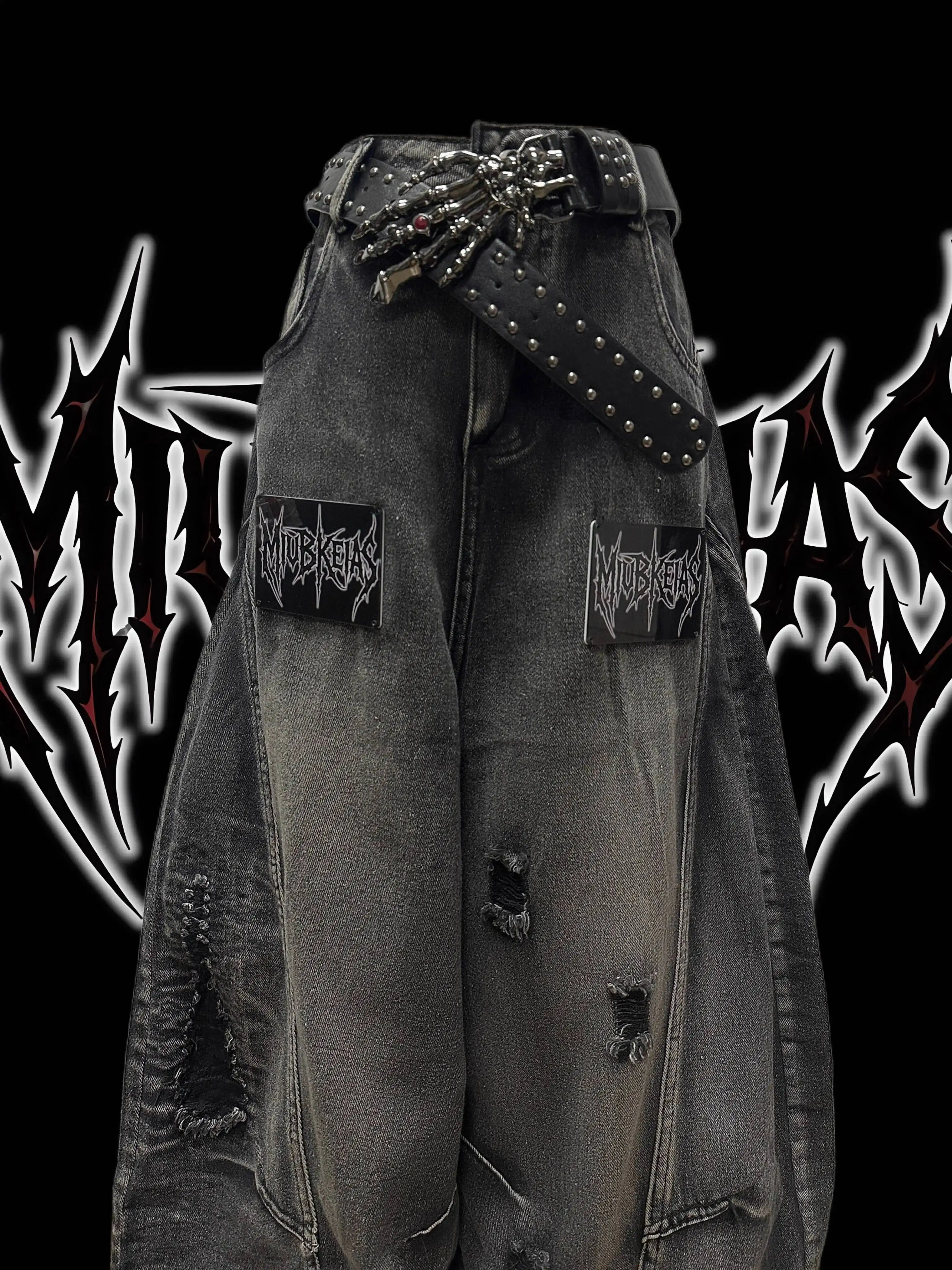 Spodnie jeansowe unisex w stylu punk gothic na jesień i zimę, streetwearowe, z napisami, postarzane, luźne, z szerokimi nogawkami, styl Y2K.