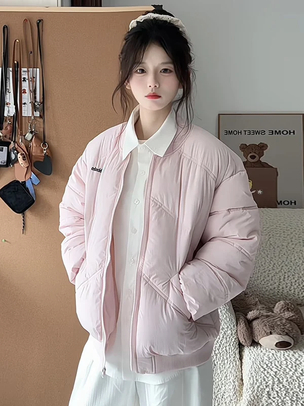 

Pink Thiened Baseball Jaet Women's Autumn Winter Loose Hand-Filled Cotton Color Faionable Korean Sle Cotton Coat