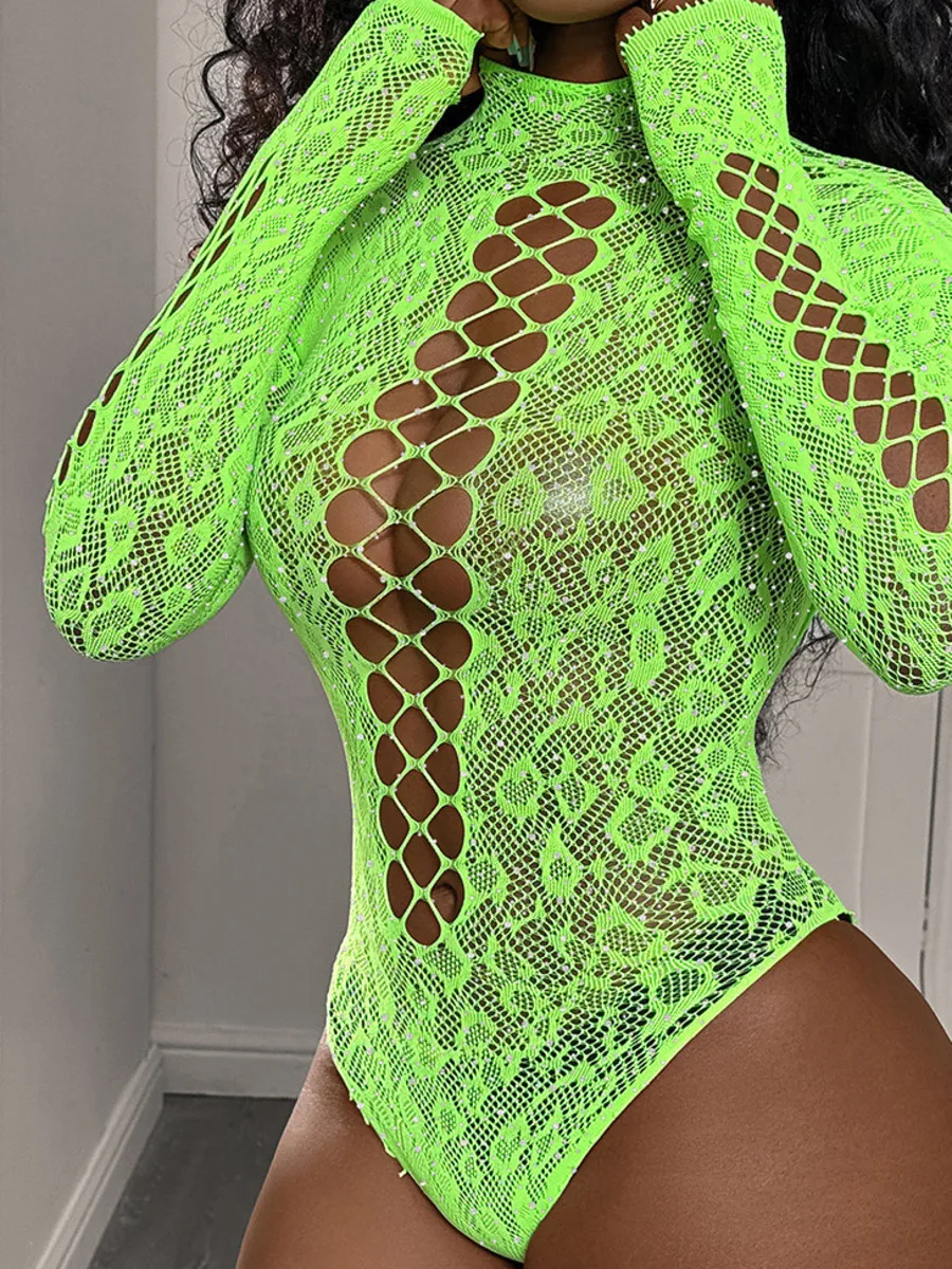 New Sexy Pure Desire Jacquard With Drill Tight Bikini Long Sleeve Mesh Bodysuits Hollow Out Flower Print Bodysuits Charming 5I39