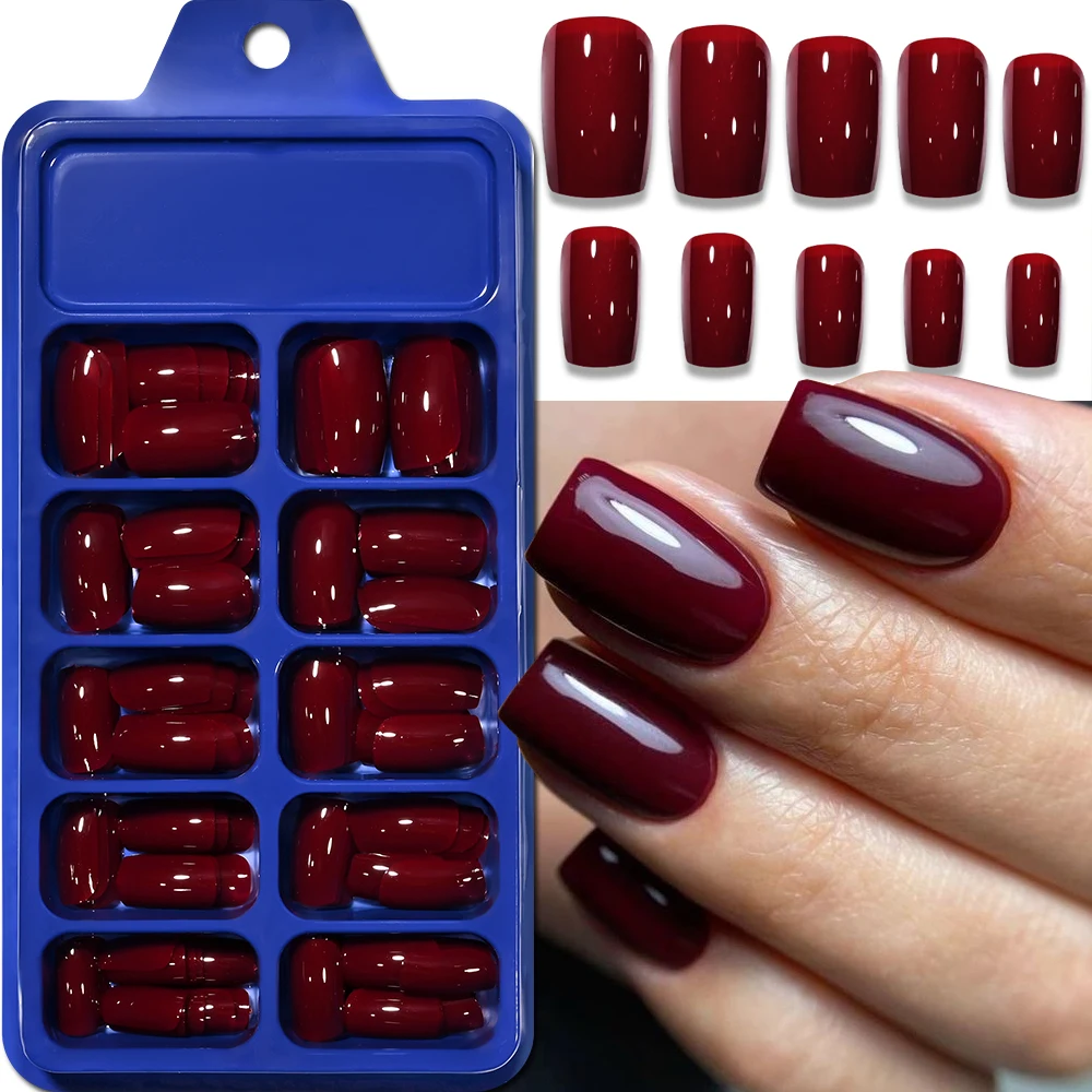 96pcs/120pcs Burgundy Red Press On Nails Glossy Medium Square Full Cover Solid Color False Nails Reusable Acrylic Fake Nail Tips