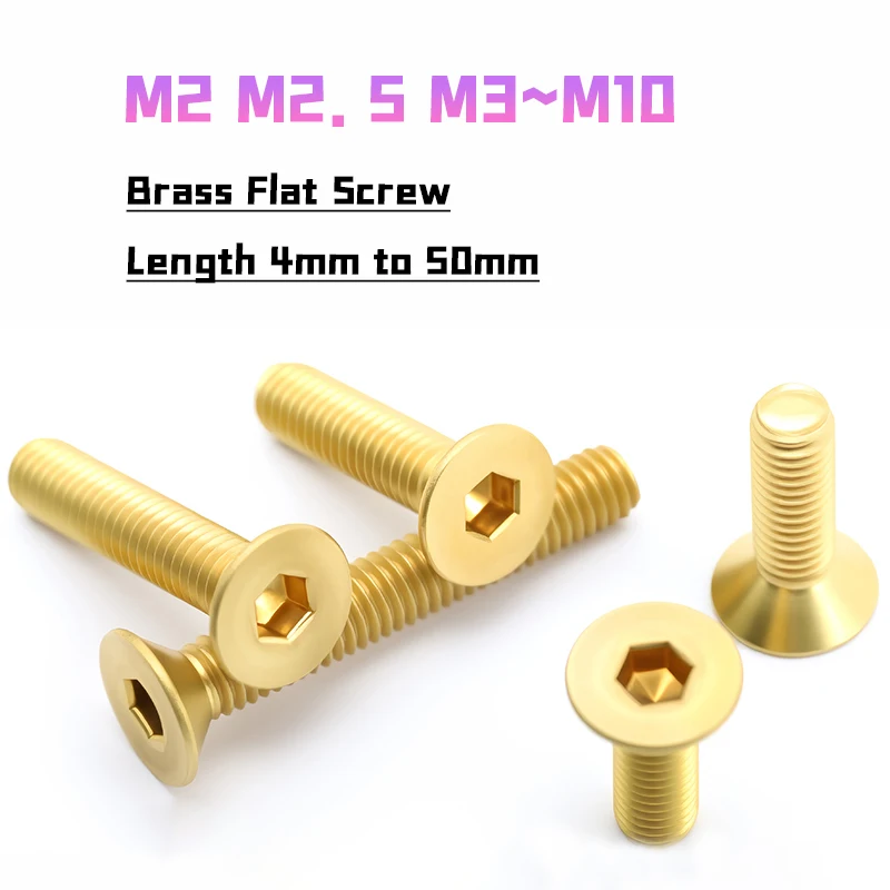 1~50pcs Brass Flat Screw M2 M2.5 M3 M4 M5 M6 M8 M10 Hexagon Hex Allen Socket Countersunk Head Screws Bolts Length 4mm to 50mm
