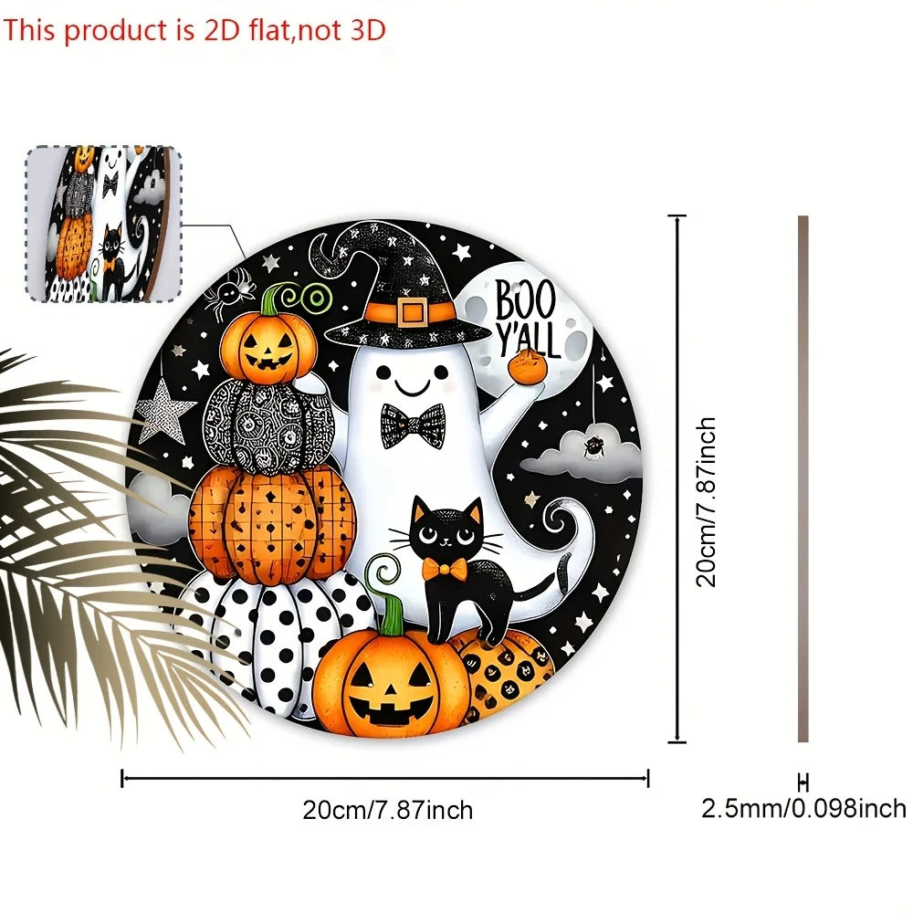 Letrero de madera plano 2D con temática de Halloween, diseño de fantasma y gato negro - Perfecto para decorar tu puerta de entra