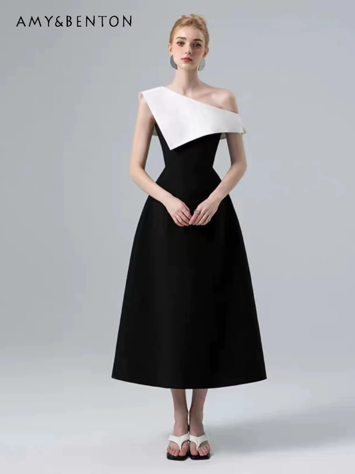 

Off-the-Shoulder Irregular Stitching Dress Fashion Slim-Fit Oblique Shoulder Elegant Women Wedding Dresses Ol Business Dresses