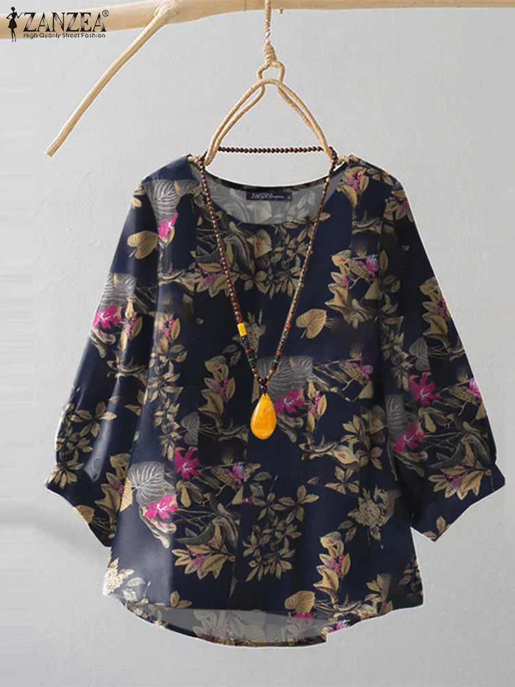 ZANZEA Women\'s Bohemian Floral Blouse Vintage 3/4 Sleeve Tops Casual Loose Fit Cotton Shirt 2025 Spring Lightweight Tunic Tops