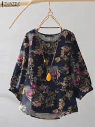ZANZEA Women's Bohemian Floral Blouse Vintage 3/4 Sleeve Tops Casual Loose Fit Cotton Shirt 2025 Spring Lightweight Tunic Tops