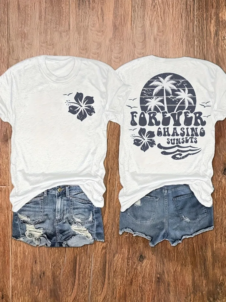 السيدات إلى الأبد مطاردة غروب الشمس نمط الاستوائية تي شيرت جولة الرقبة قصيرة الأكمام عارضة أعلى مع شجرة النخيل وطباعة الأزهار #1