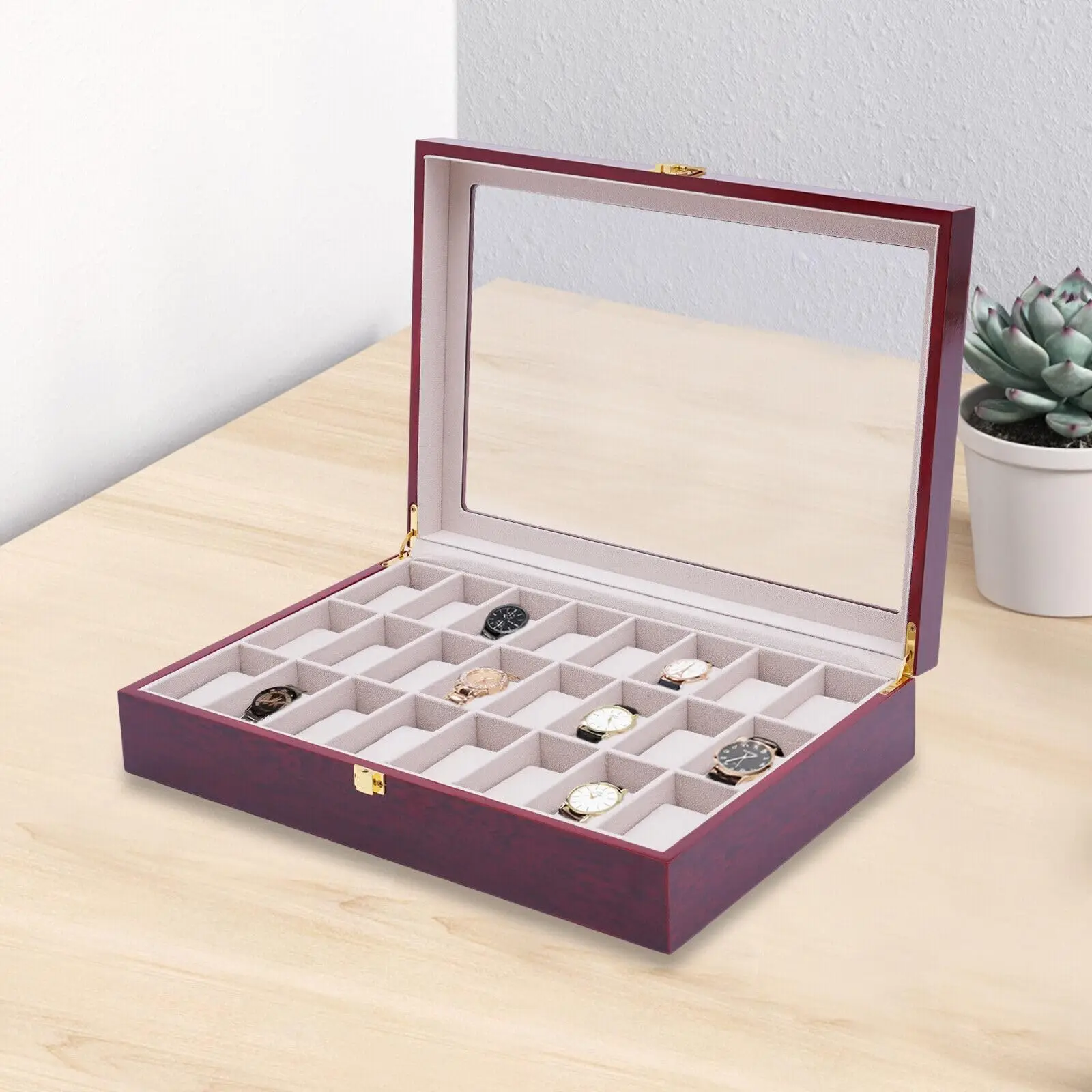 Деревянная коробка для часов, витрина-органайзер со стеклянной крышкой и замком, роскошная деревянная коробка для хранения коллекции ювелирных изделий (24 слота)