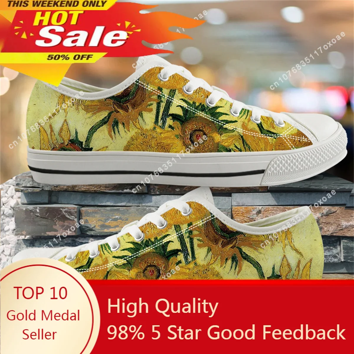 Van Gogh Oil Painting Sunflower Canvas Shoes Women's Lightweight Breathable Flat Shoes Outdoor Fitness Lace-Up Sneakers Zapatos