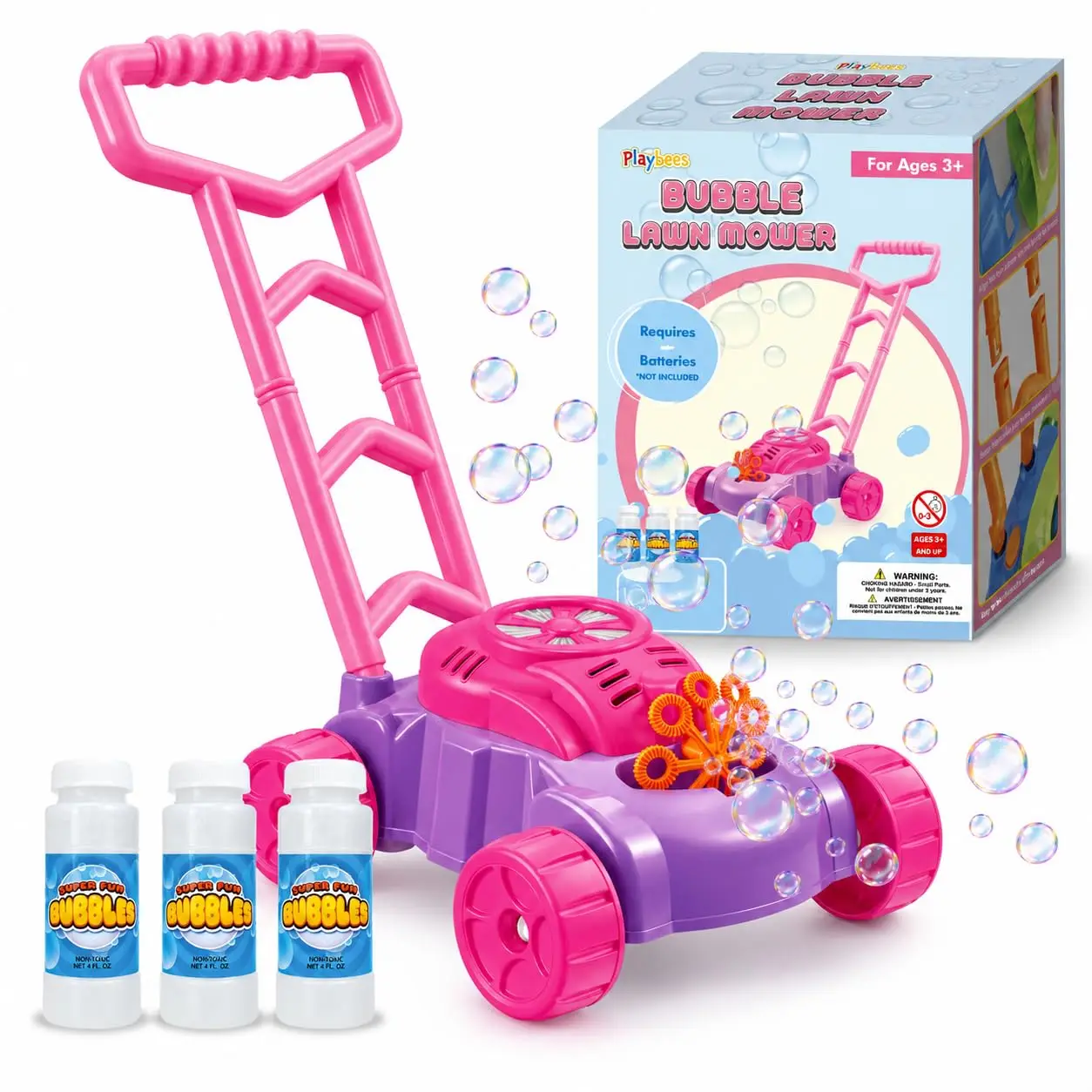 Playbees Bubble Lawn Mower Toy Lawn Mower With Music & Realistic Sounds, Bubble Blowing Machine, Push Garden Toy For Girls, Indoor and Outdoor, Birthday & Preschool Gift (Pink)