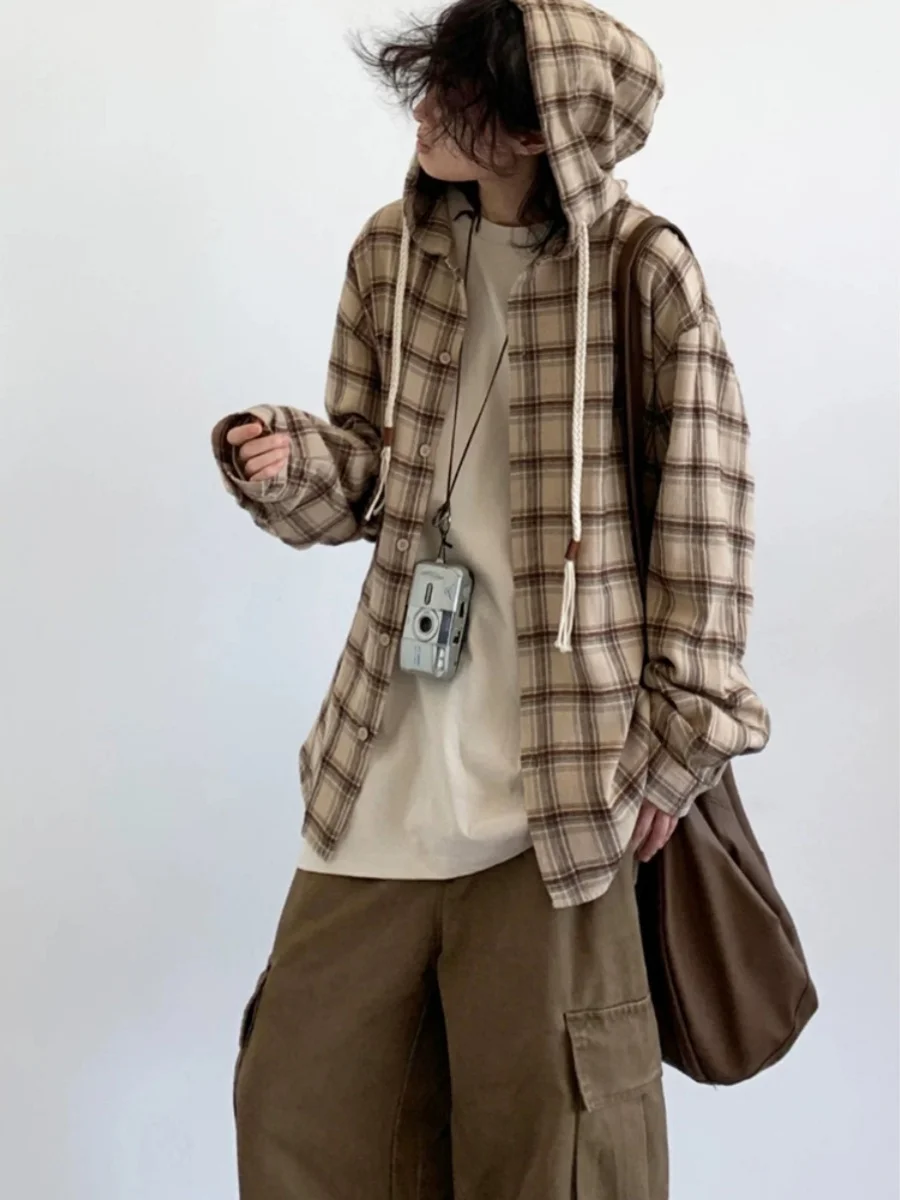 

Retro Japanese Sle Plaid irt with Hood Long Sve Fce Lined Loose Fit for Men And Women y Preppy Sle Coat