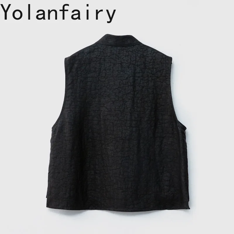 YOLANFAIRY 100% Mulberry Silk Sleeveless Vest for Women Tortoise Crack Gambiered Elegant Waistcoat Embroidery Casual Tanks Top