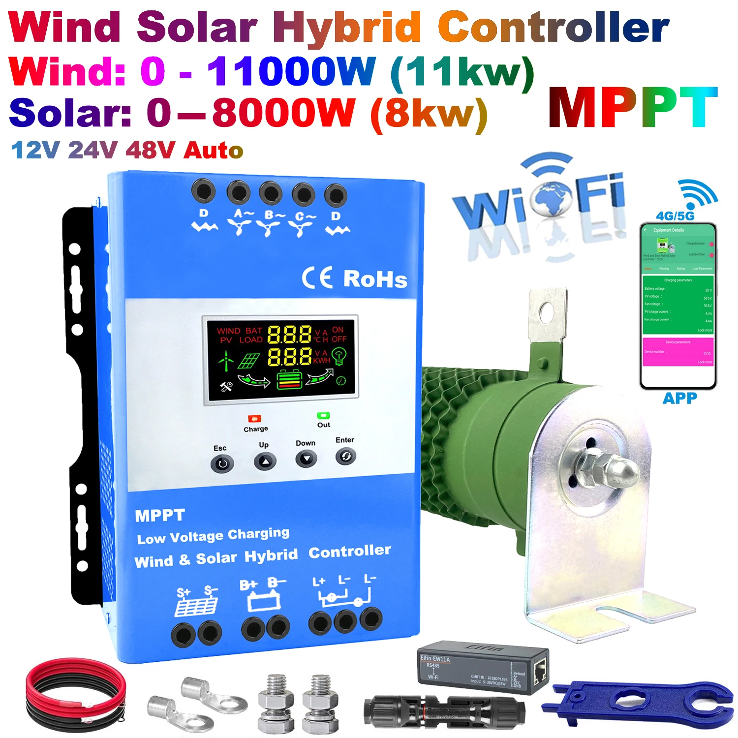 wi fi mppt controlador hibrido 12v 24v 48v auto com carga de despejo carregador de baixa tensao vento 011000w mais solar 08000w com display led 01