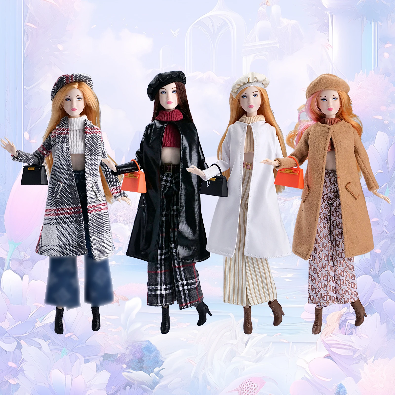 Conjunto de abrigo a cuadros de moda Retro de invierno, chaleco de punto blanco, pantalones vaqueros, zapatos y bolso para muñeca supermodelo Babi Xianxian, 1/6